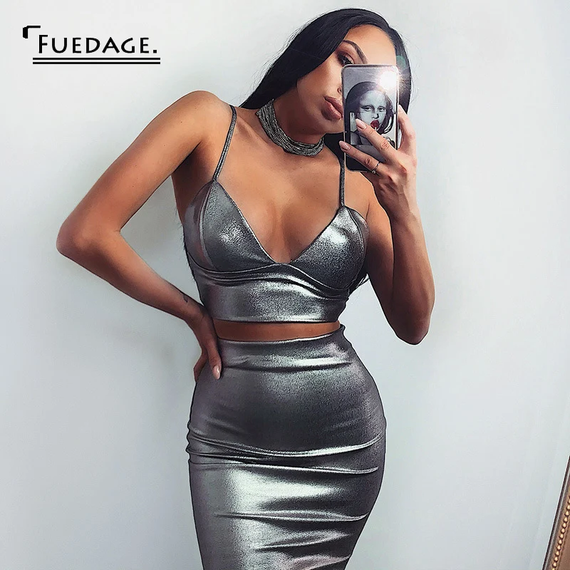 Женский комплект из двух предметов Fuedage серебристый искусственной кожи с v