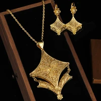 geometric gold pendant necklace with earring long slid chain arabic bridal jewelry hollow flower jewelry set luxury bride gifts