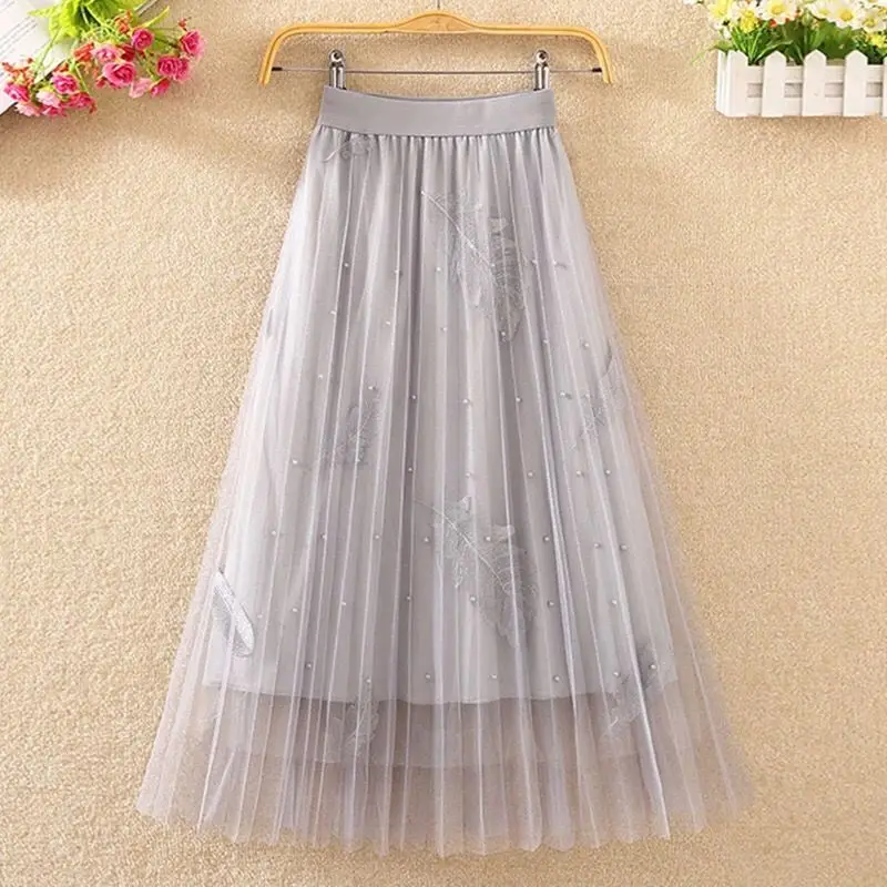 

Female 2021 Spring Summer Kawaii New Beading Tulle Mesh Skirt Women Elastic High Waist Long Pleated Skirts Jupe Femme Y925