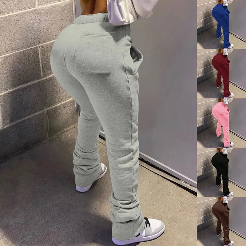 Fall Winter New Stacked Sweatpants Women Thick Stretchy Pockets Plus Size Casual High Waist Jogger Pants Sexy Leggings | Женская одежда