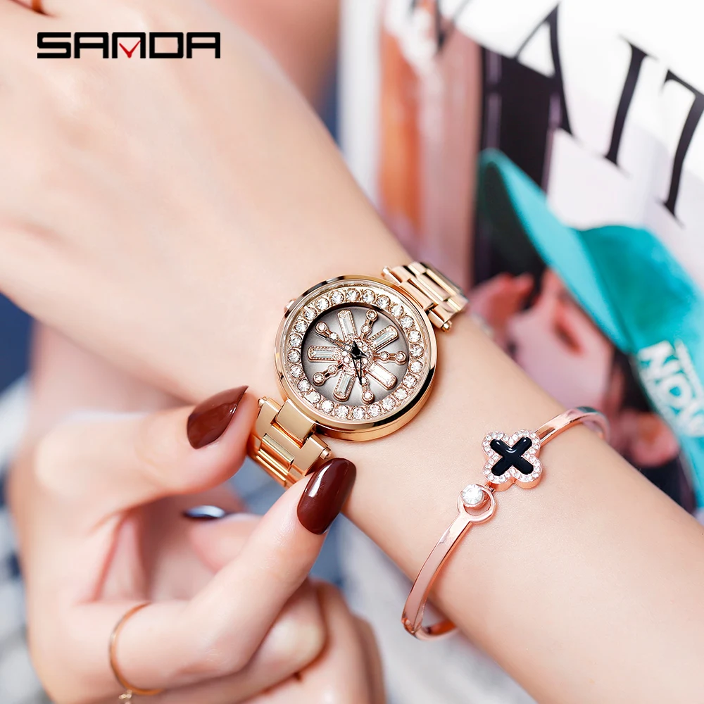 Женские золотые часы SANDA водонепроницаемые кварцевые с поворотом на 360 градусов