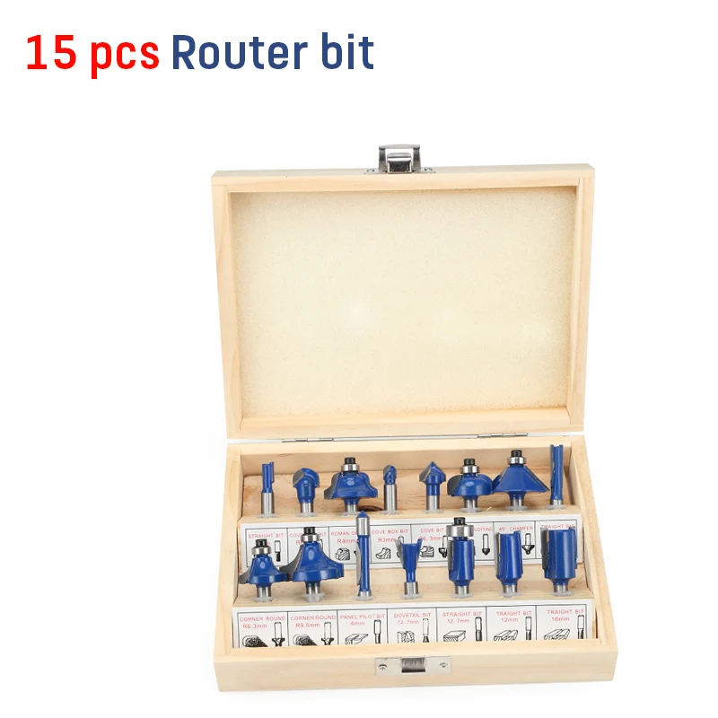 15pcs cutter Электрический ручной триммер по дереву фрезерный станок 6,35 мм цанговый резной станок+ фрезы деревообрабатывающие электроинструменты - Цвет: 15pcs cutter