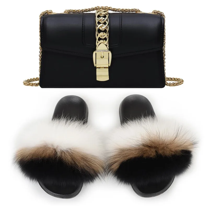 Тапки женские из натурального Лисьего меха пушистые сланцы милые туфли на