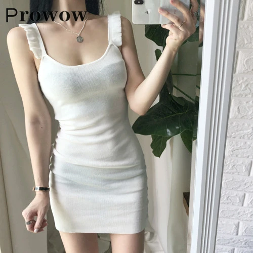 

Prowow Solid Sleeveless Knitted Dress Summer Fashion Elasticity Slim Slimming Suspender Dress Casual Women's Dresses One Size