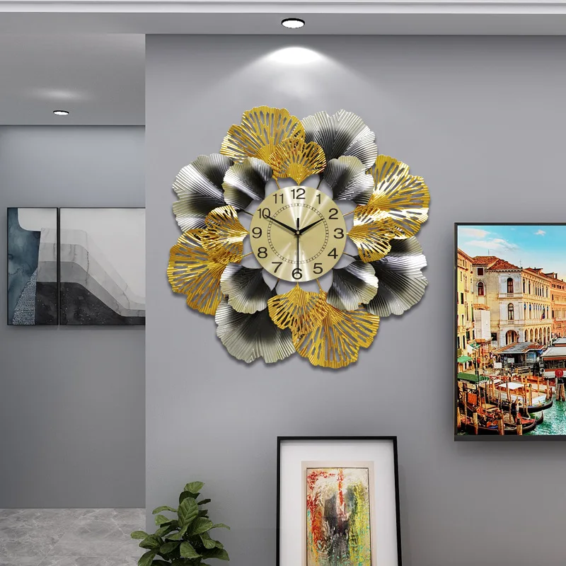 

Ginkgo Biloba Creativity Wall Clock Home Living Room Decoration Metal Dial Digital Pointer Large Clock Bedroom Gold Ornaments