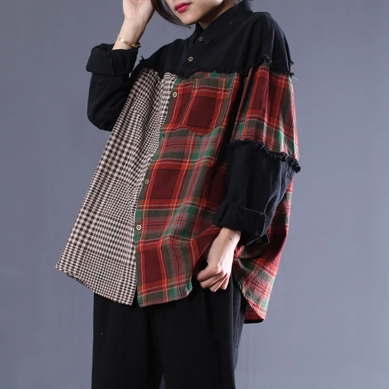 Осенняя блузка Ретро большого размера свободная Женская Повседневная рубашка 2019