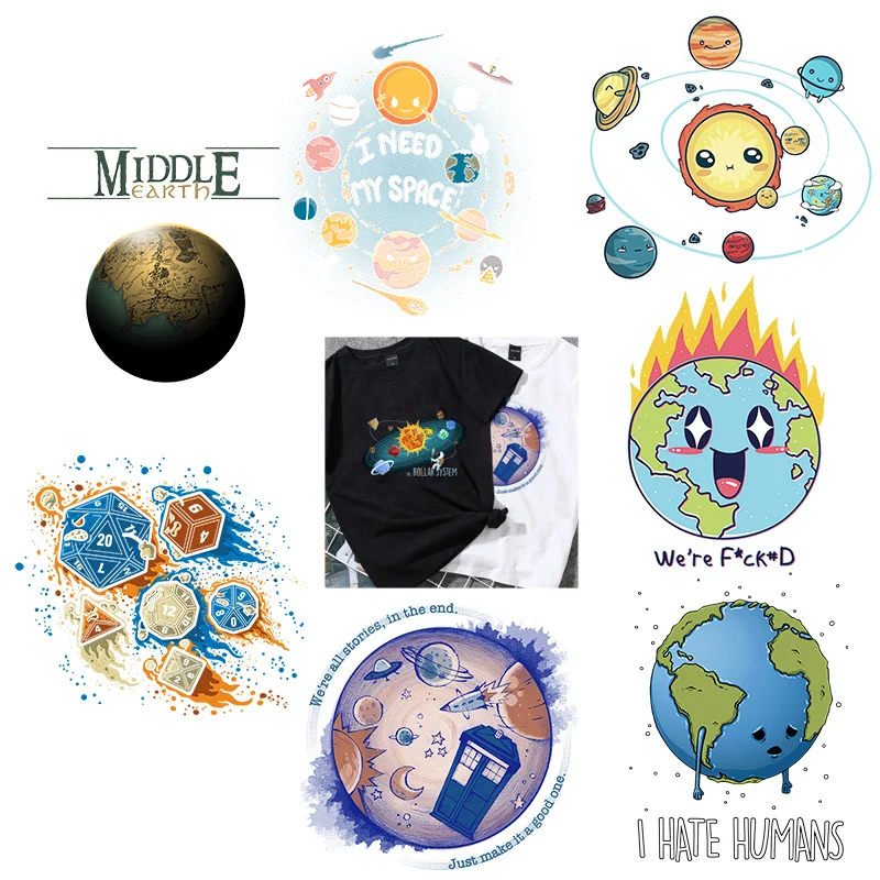 

Cartoon Children's Clothing T-shirt Printing Planet Space Universe World Heat Transfer Galaxy Pattern Iron On Kids Clothes