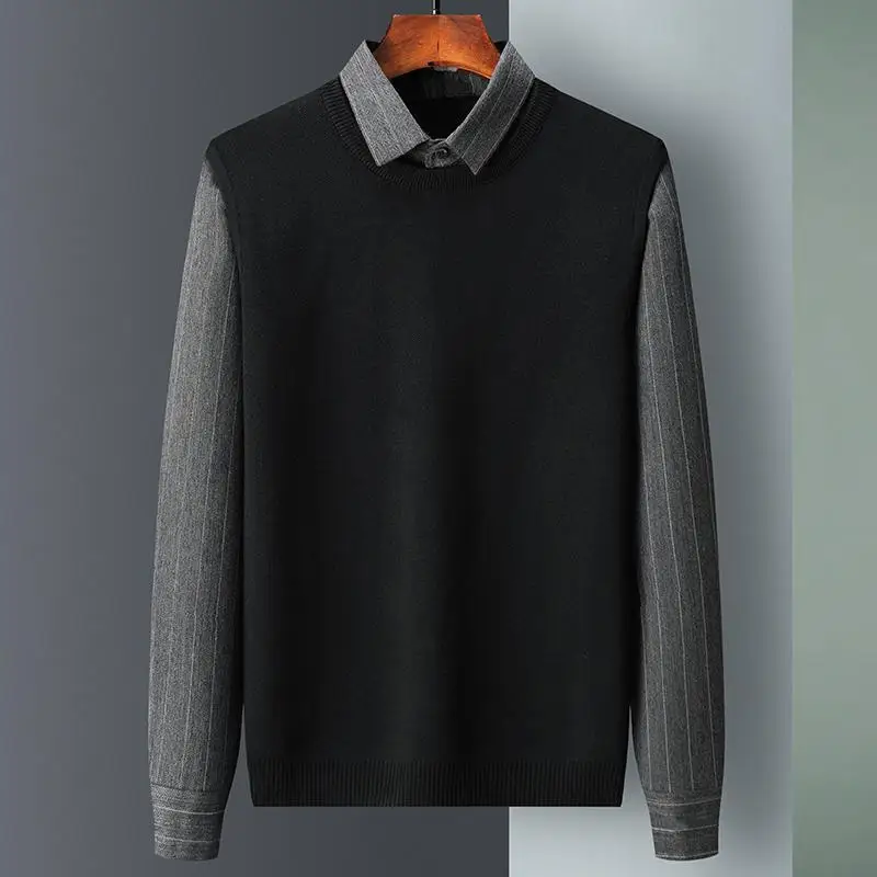 

Sweater men's shirt collar long-sleeved 2021 autumn and winter new splicing led sweater casual bottoming shirt tide