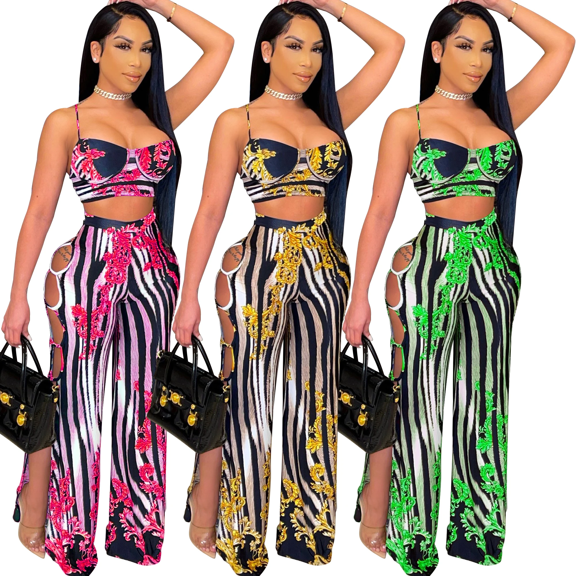 

RT Sexy Women Tracksuit Two Pieces Set Crop Top Slit Wide Legs Pants Print 2 Pieces Set High Street Loose Halter Outdoor Wear