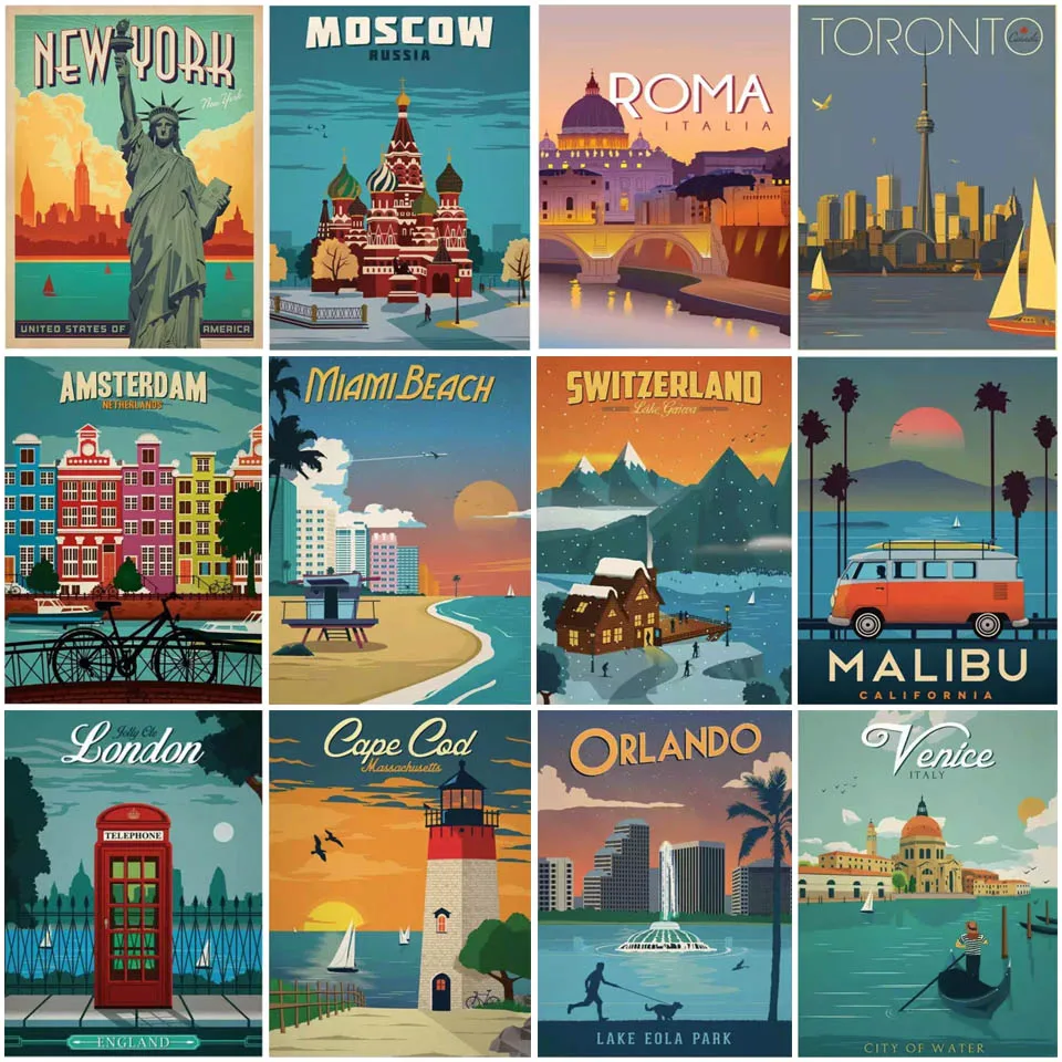 

New York Moscow London 5D DIY Diamond Painting Vintage Europe America Cities Landscape Cross Stitch Home Decor Gift