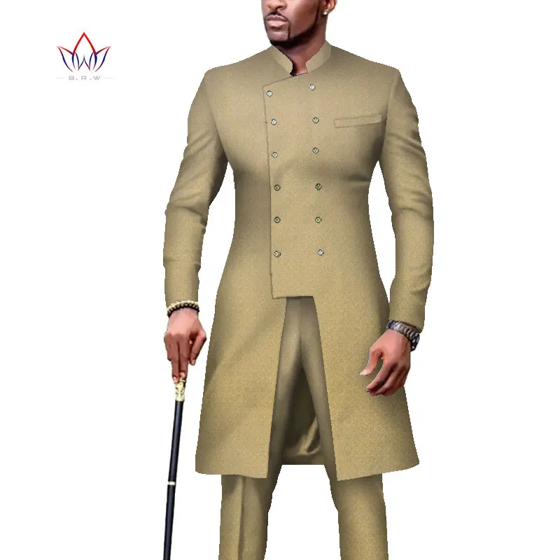 2021 BRW African Clothing Men 2 Pieces Pants Sets Work Wedding Men Long Shirt and Pants Sets Double Breasted Blazer Suit WYN1215