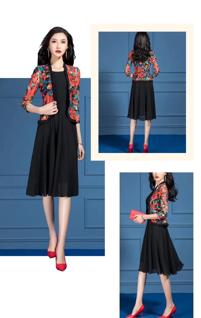 

New Arrivals Women Summer Suit Print Outside Shirt Black Sundress Casual Two Piece Set