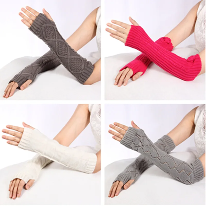 

Winter Knitted Arm Sleeves Half Finger Gloves Women Warm Long Gloves Female