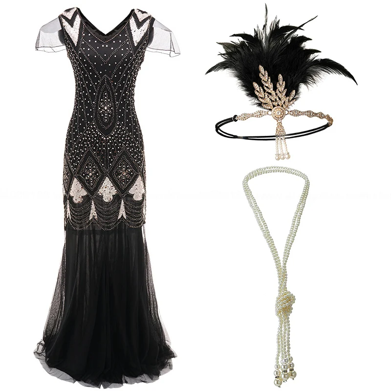 Женское винтажное вечернее платье в стиле Гэтсби с бахромой и бисером комплекте