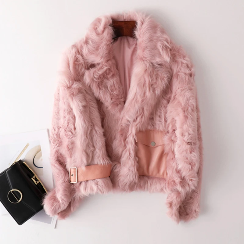 

rf2039 Real Sheep Fur Coat Woman Longs Sleeve Sheep Fur Jacket with Belt Winter New Natural Fur Coats for Ladies