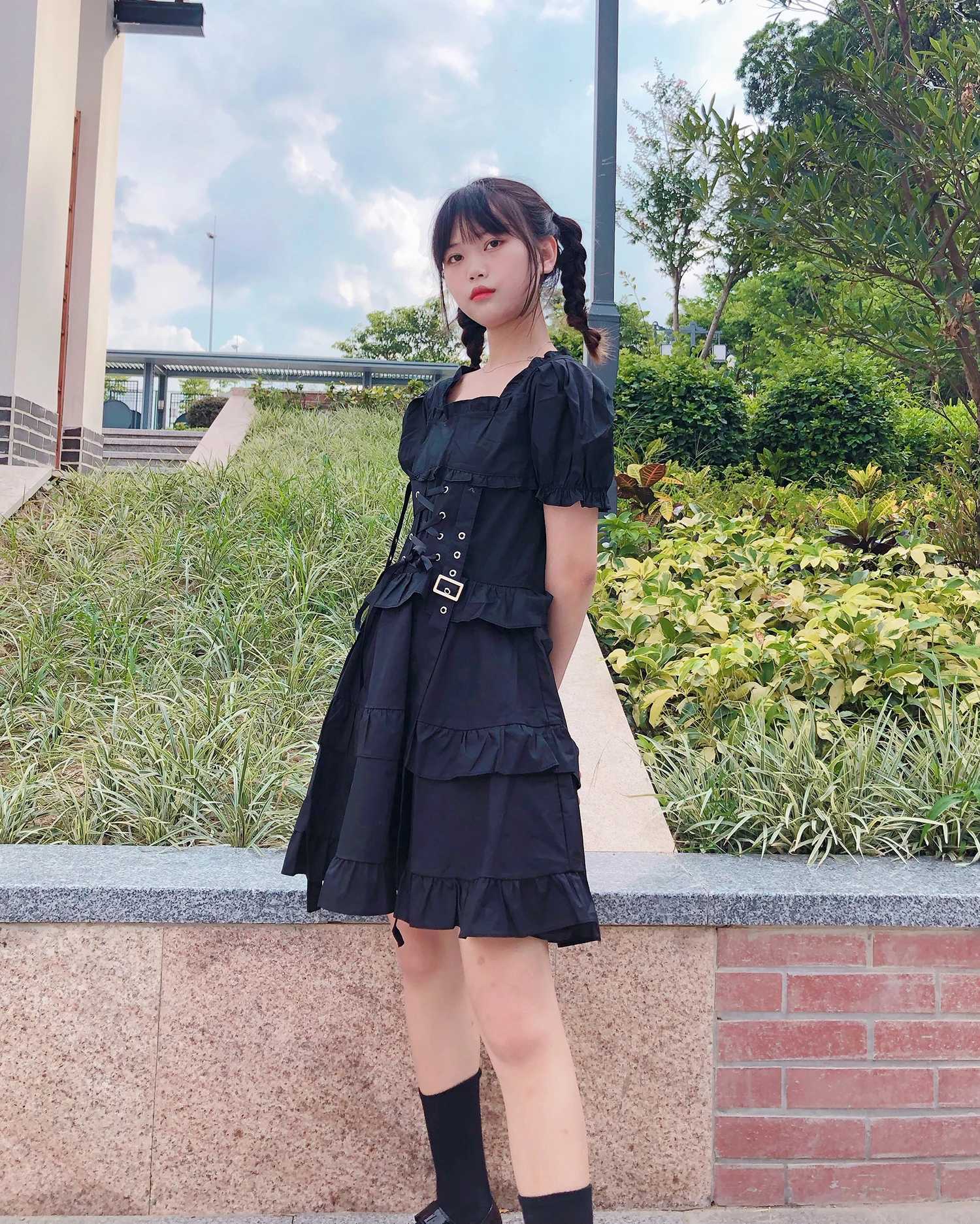 

Sannian Women Dress Japanese Retro Dark Black Lolita Puff Sleeve Cross Strap Ruffled Puffy Dresses Women Clothes Summer