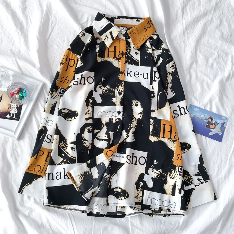 Весенние винтажные рубашки с принтом лица крутые Графические Рубашки длинным