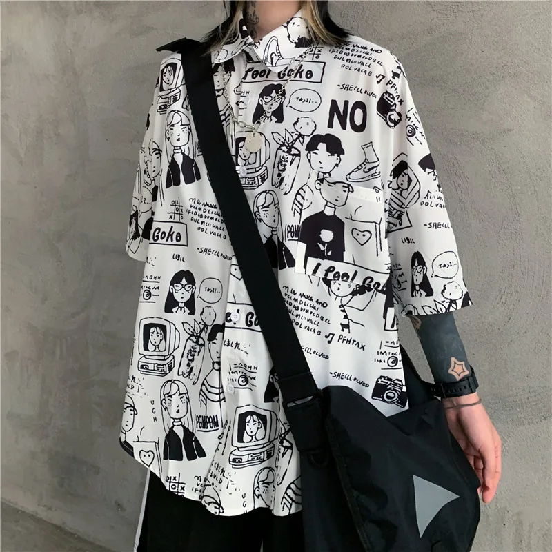 

Single Breasted Women Summer Harajuku Lapel Collar Shirts Kawaii Cartoon Printed Lady Shirt Short Sleeve Loose Aqua White Top