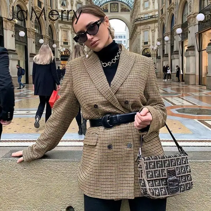 JaMerry винтажный клетчатый женский Блейзер пальто длинный рукав пуговицы карманы