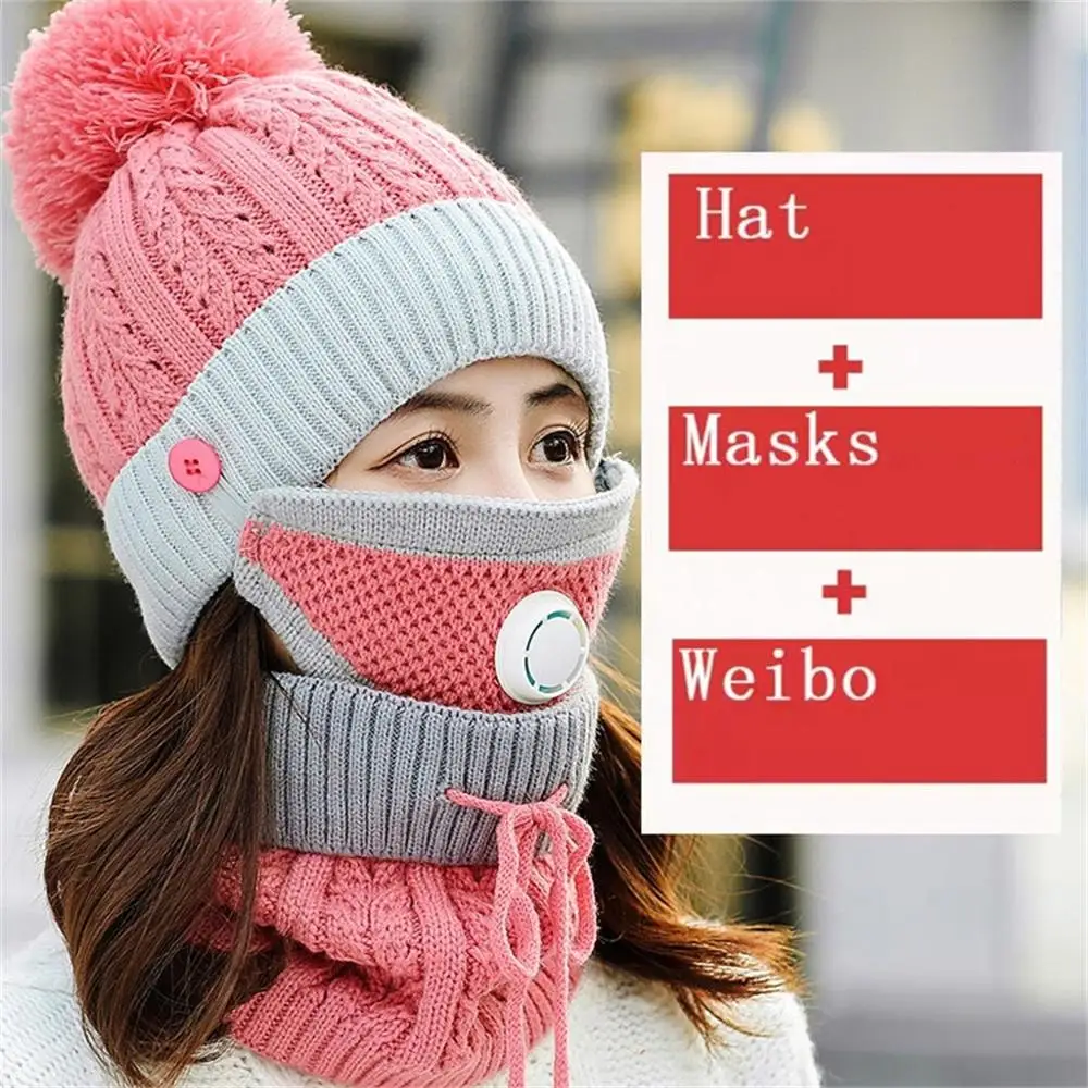 5Sets/lot Women Hats Knitted Wool Scarf Hat Pompom Cap Set Warm Winter + Mask Female Riding Bicycle Outdoor | Детская одежда и