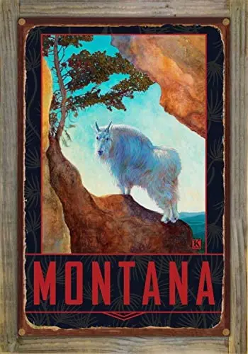 

Northwest Art Mall Montana Mountain Goat Rustic Metal Print On Reclaimed Barn Metal from Original Wall Metal Sign 12 X 8 Inch
