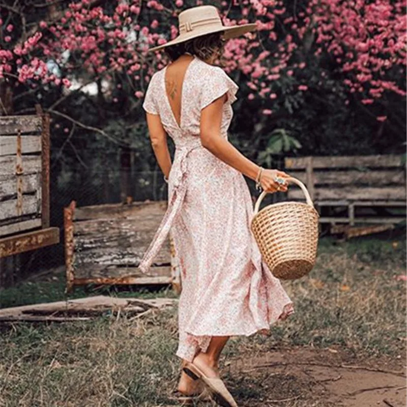 

New Arrival Women Print Long Dress Fashion Elegant V-neck Butterfly Sleeves Ruffles Dress