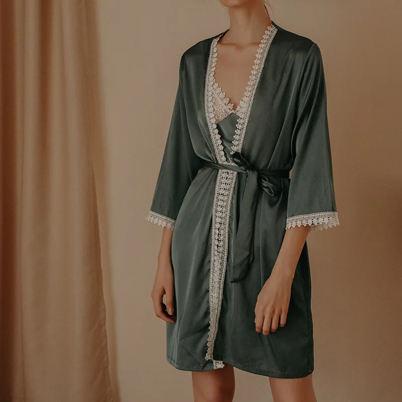 Комплект женский кружевной из 2 предметов зеленый халат-кимоно халат для невесты