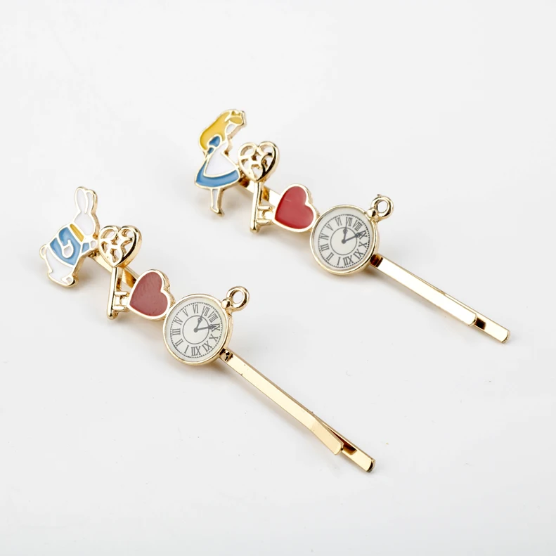 

Cute Anime Alice Wonderland Animal Enamel Hairpins Lovely Princess Rabbit Bunny Clock Hair Clips Women Girl Hair Accessories