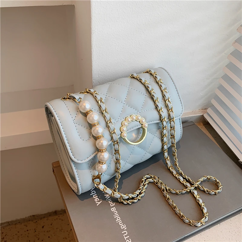 

Cute Quilted Pearl Chain Small Shoulder Crossbody Bags For Women Designer Brand High Quality Soft PU Leather Flap For Phone 2021