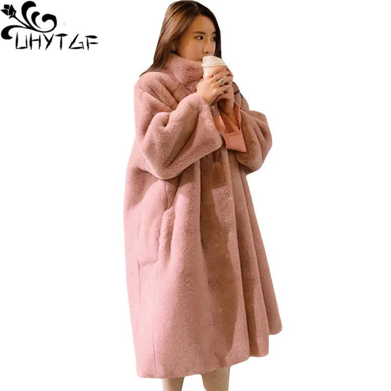 UHYTGF Luxury Mink Fur Coat Women Fashion Thick Warm Elegant Female Long Fur Coat Imitation Rabbit Fur Plush Coat Big Size 825