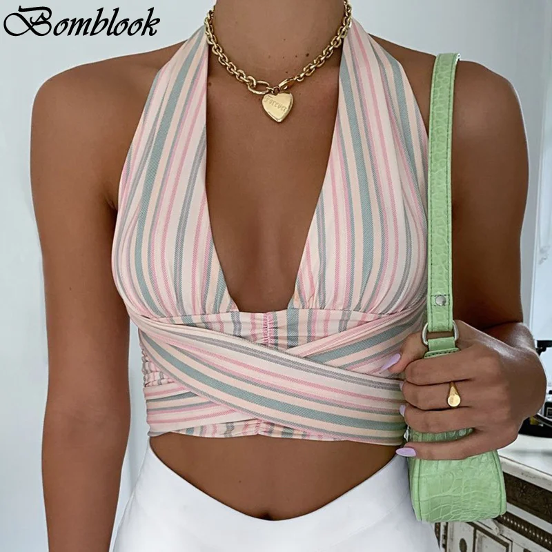 Bomblook Sexy Party Club Summer Clothes For Women 2021 Halter Cross Lace Up Backless Y2K Crop Top Female Streetwears
