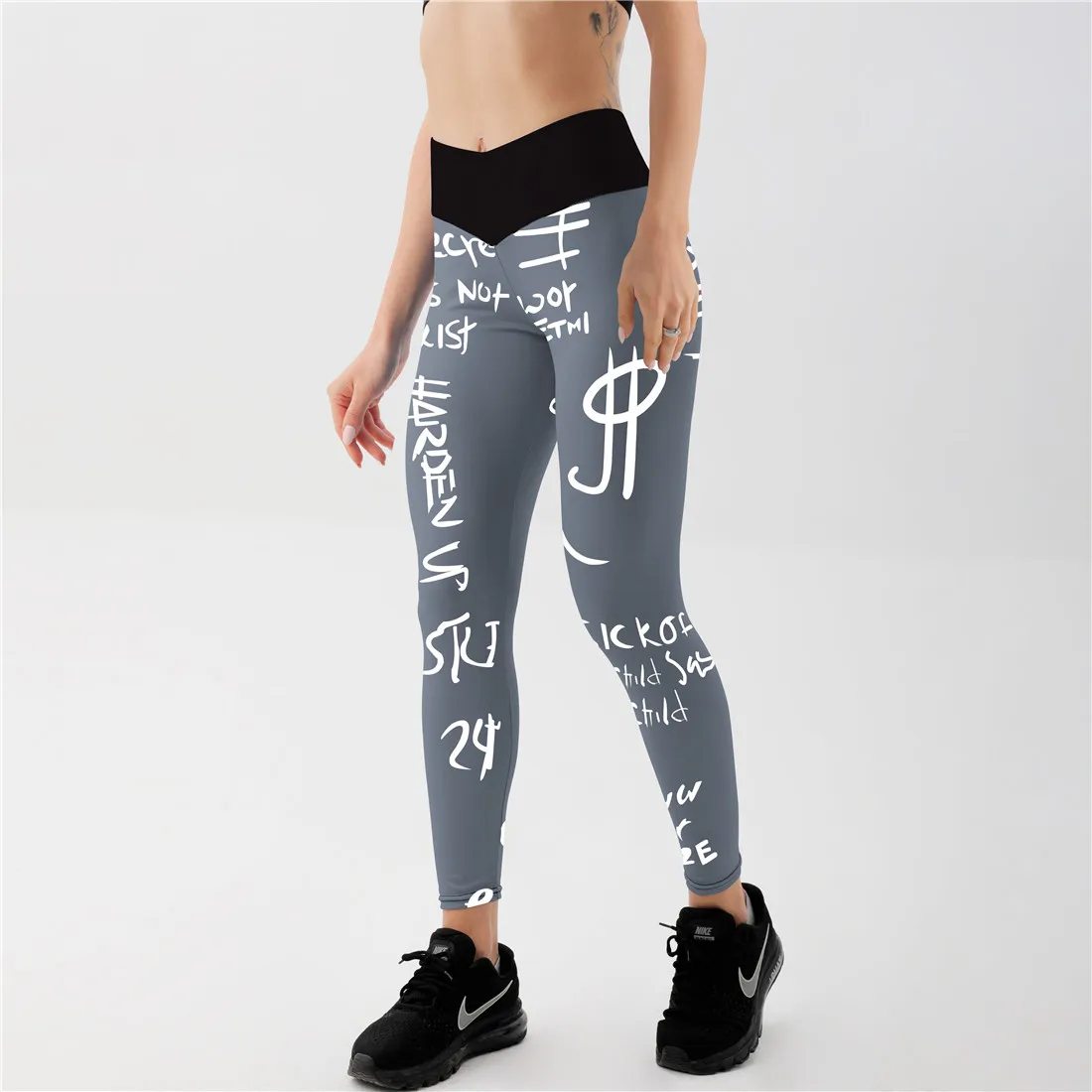 Qickitout High Waist Elastic Workout Leggings Women Slim Fitness Fashion Letter Print Leggings for Gym Sport Running Europe Size spanx leggings