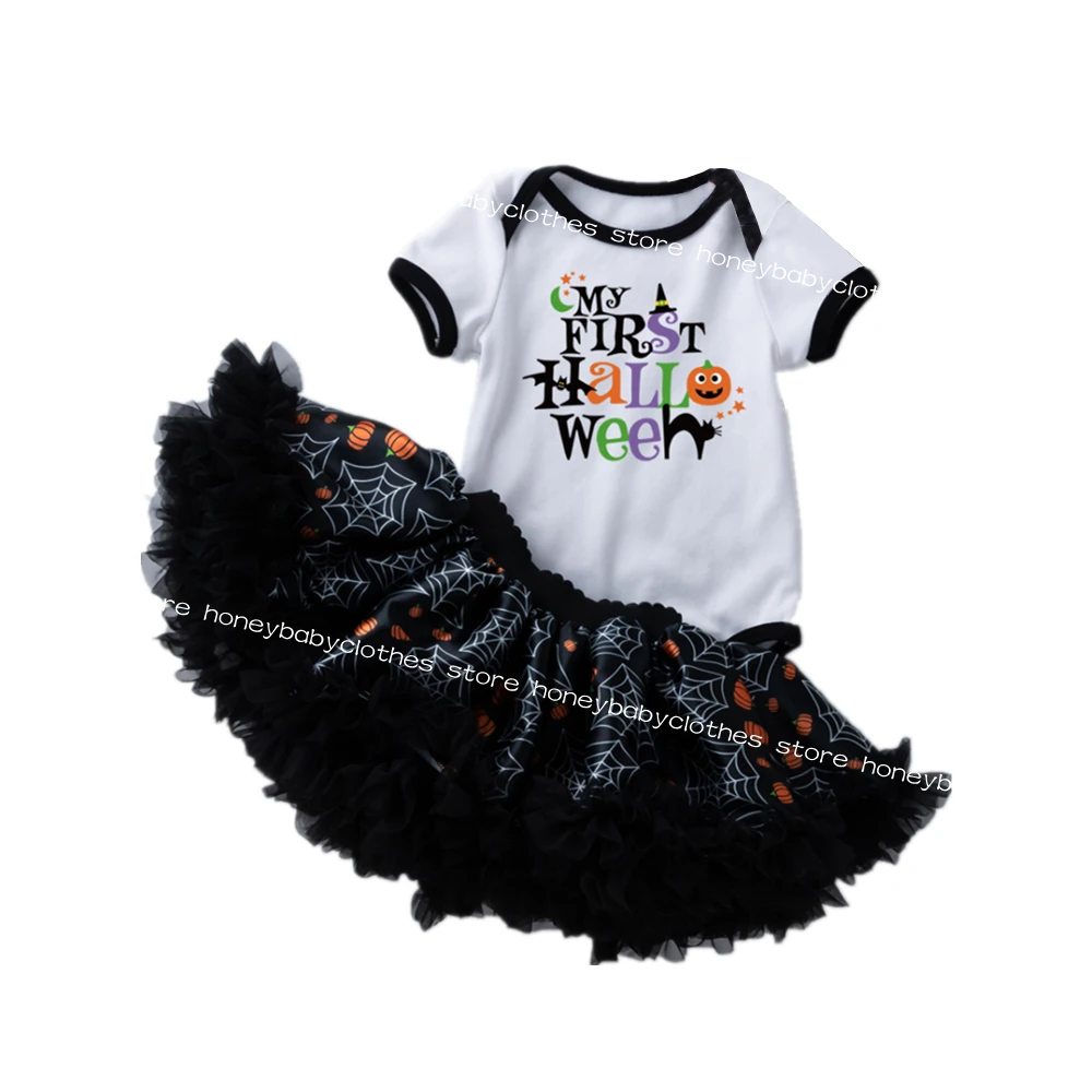 

Summer New Born Infant Clothing Baby Girl Halloween Outfits for Girl Short Sleeve Romper + Lace Short skirt 2Pcs New Style Set