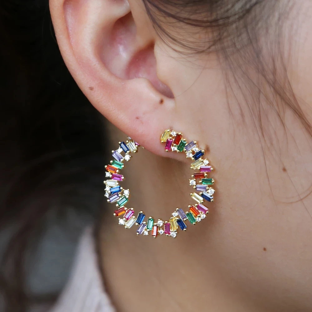 Сладкая Радуга серьги кольца цветок Красочные Багет бар фианит Мода Личность