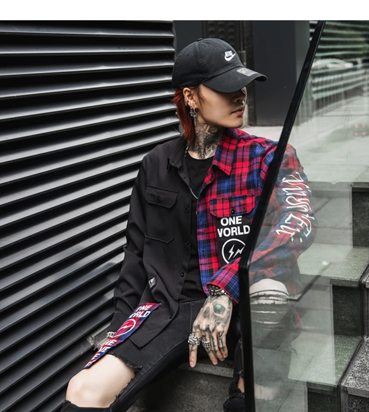 New Western Diablo Style Fashion Individuality Printed Plaid Patchwork Men's Long-Sleeved Shirts Hip Hop Autumn Streetwear Color