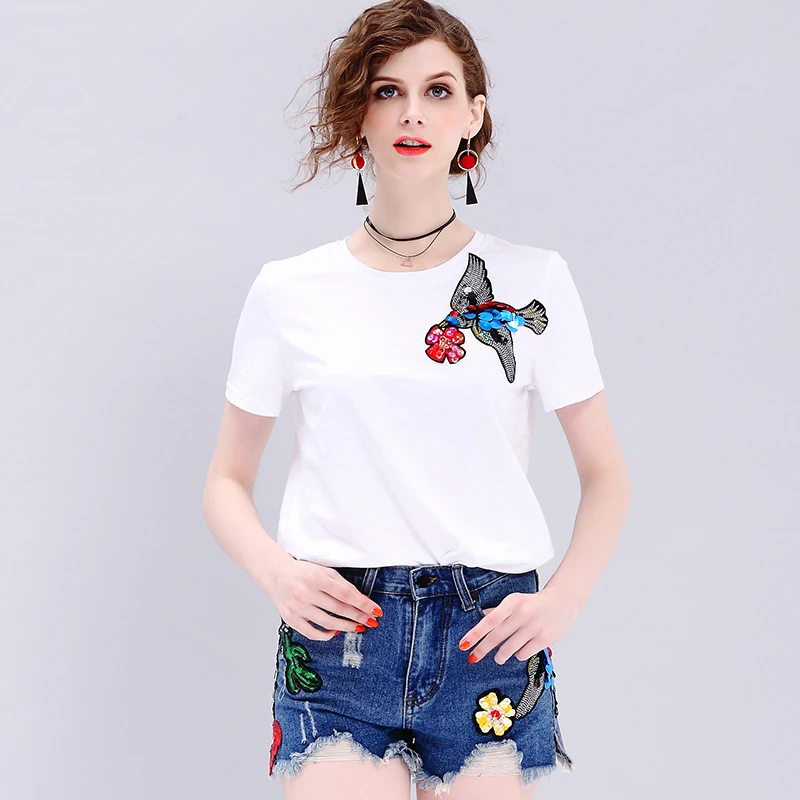 Diamond Women Piece Set Summer Letter Floral Print T Shirt Butterf Ripped Denim Shorts Female Suit (Tees+Shorts) YXR363 |
