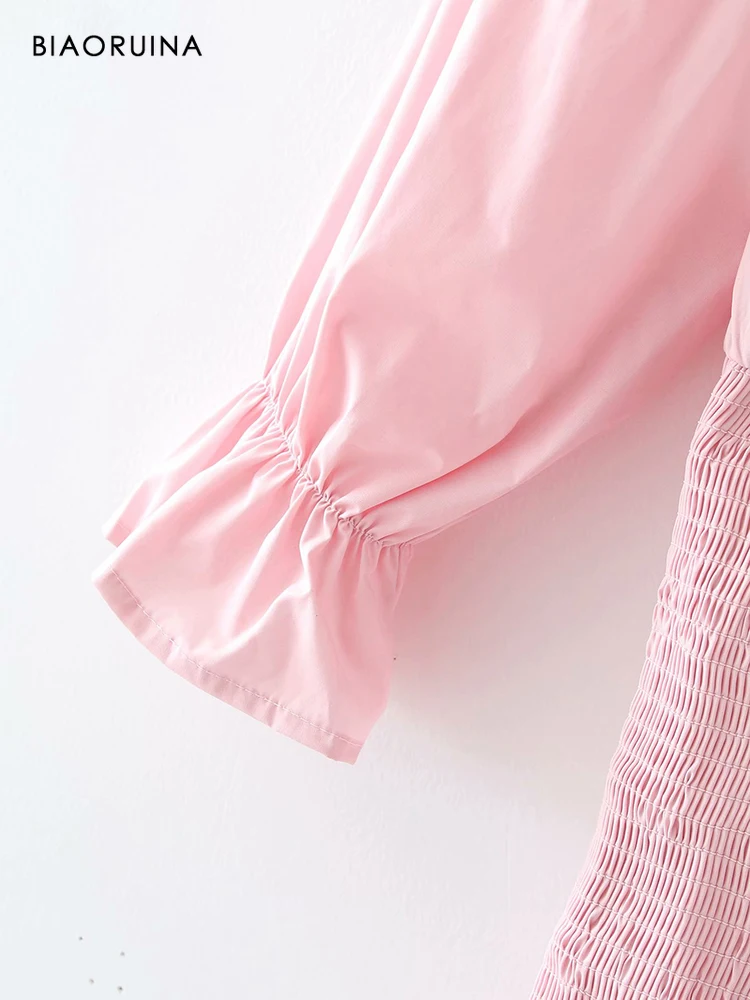

BIAORUINA Women's Pink Pleated Elastic High Waist Sweet Short Dress Slash Neck Flare Sleeve Cascading Ruffles Fashion Dresses