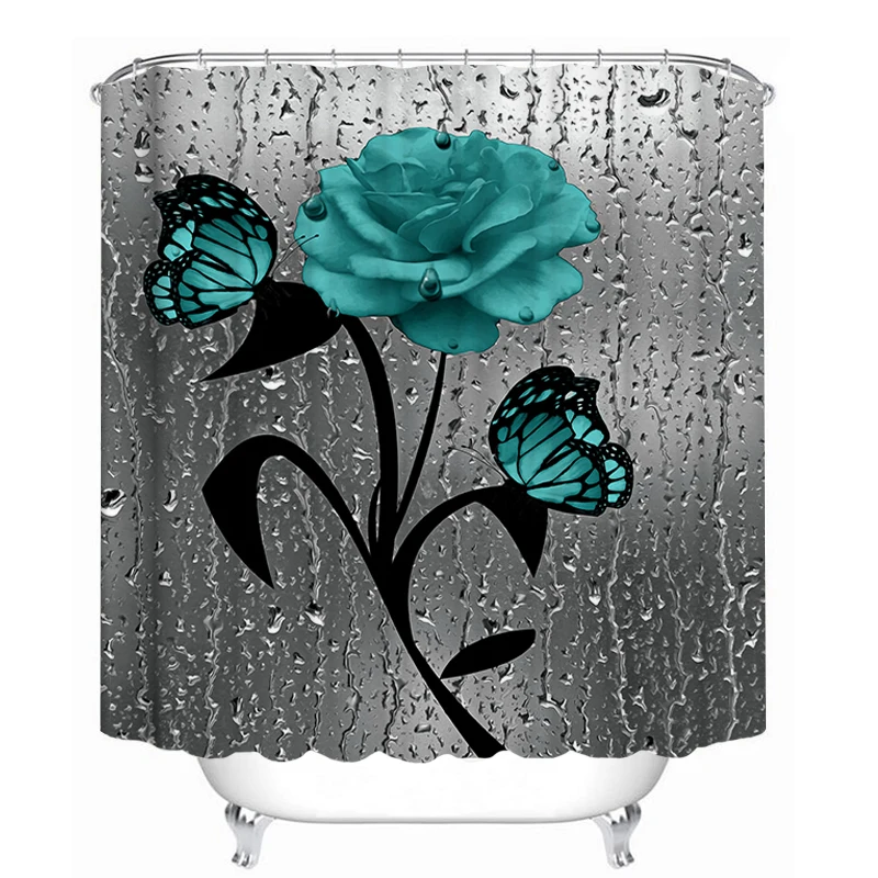 

3D Bathroom Set Water Drop Rose Butterfly Printed Shower Curtain Non Slip Pedestal Rug Toilet Lid Cover Bath Carpet Floor Mat