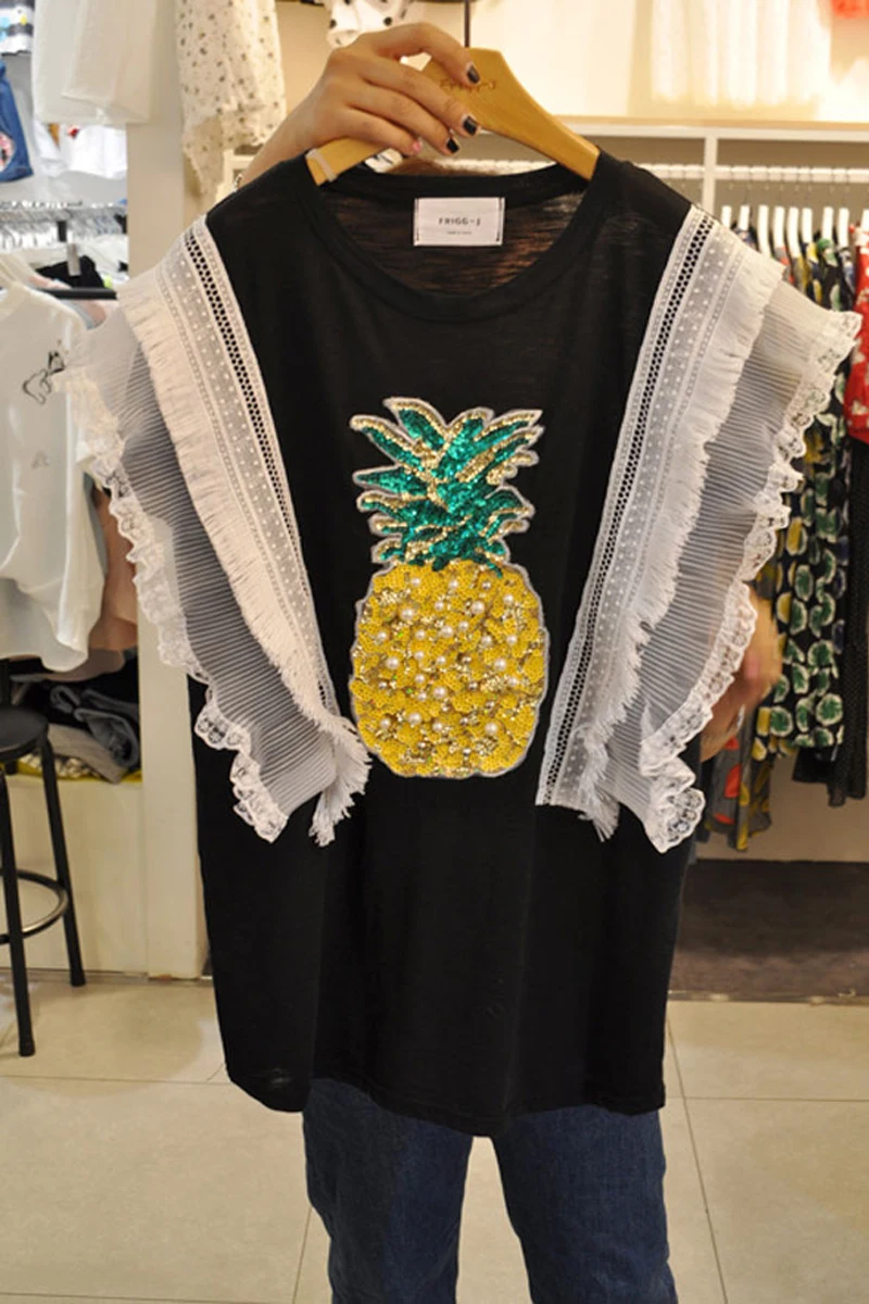 Женская футболка с блестками и рисунком ананаса из бамбукового хлопка коротким