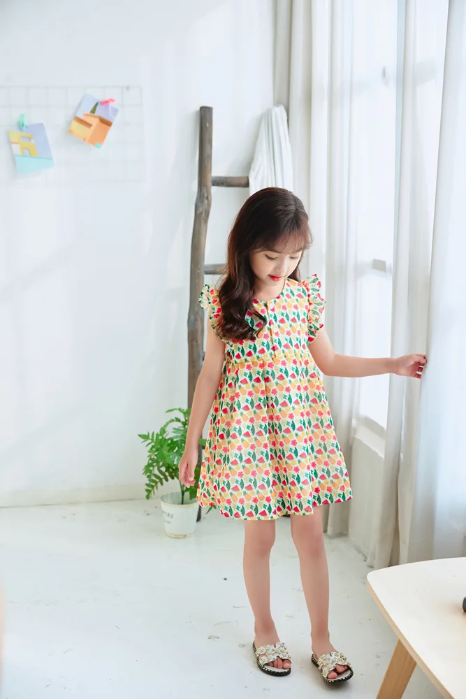 

Girls dress 2021 summer pastoral style children princess dress female baby cute cartoon print fairy skirt