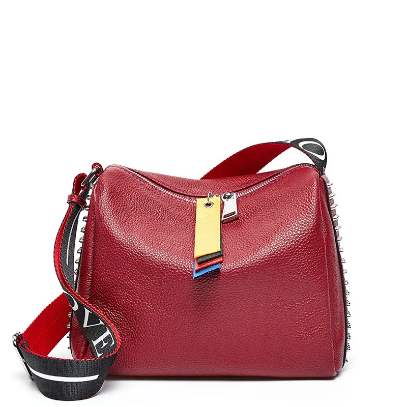 

New Genuine Leather Ladies Handbag Wide Strap Women Shoulder Messenger Bag Rivet Female Crossbody Bags Large Capacity Tote Bag