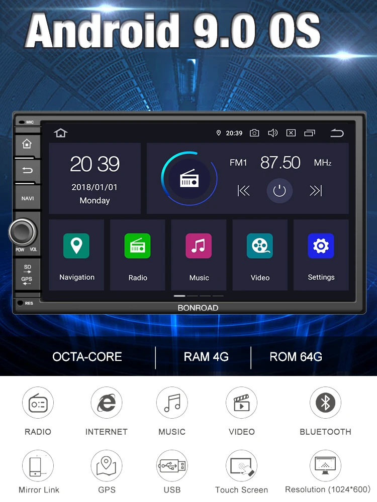 Автомобильный мультимедийный плеер Bonroad 7 дюймов Восьмиядерный 2DIN Android 9 0 радио PX5