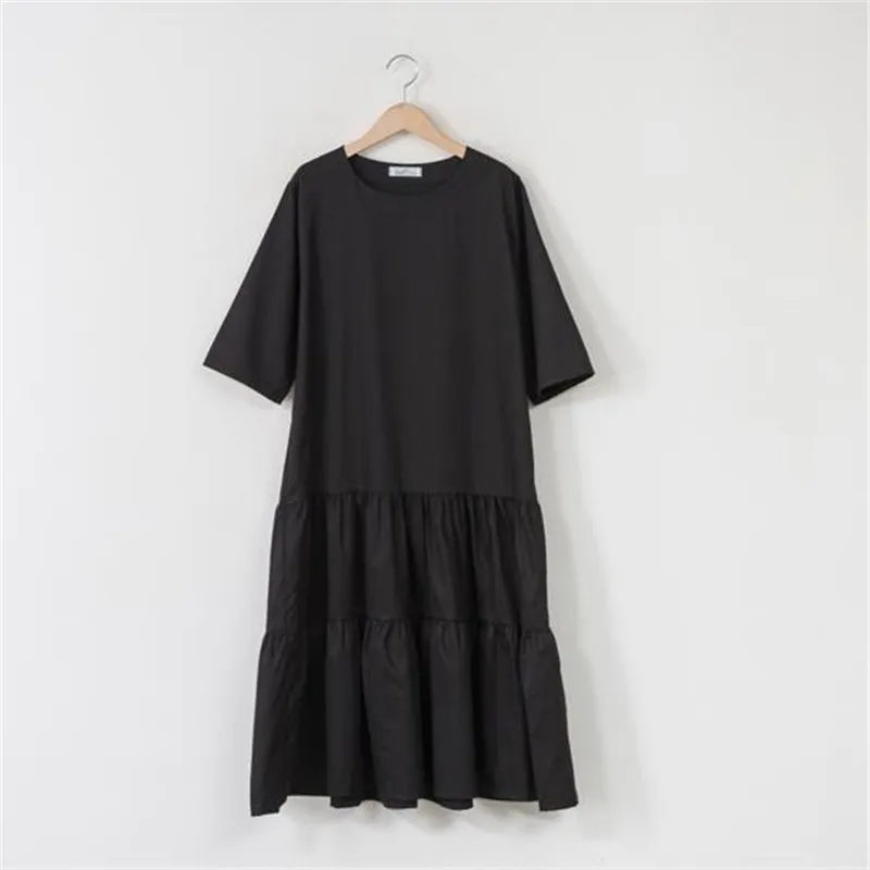 

NEW vintage summer dress women solid loose o neck half sleeve patchwork ruffles long midi dress korea casual poplin dress