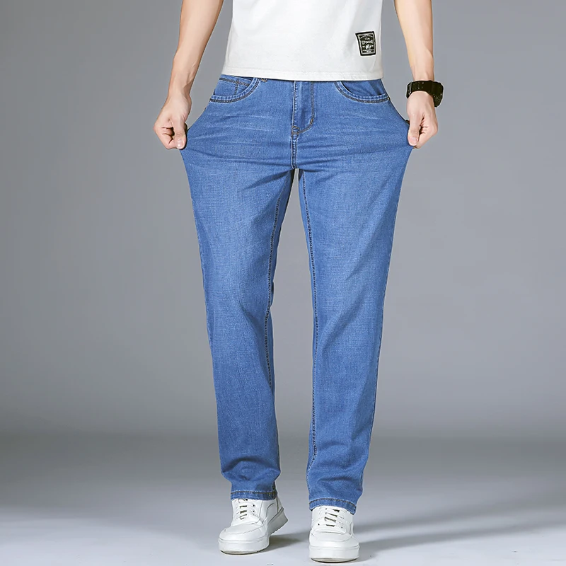 

Новинка лета 2021, мужские тонкие прямые джинсы в классическом стиле, деловые повседневные Стрейчевые джинсовые штаны, светильник, синие брюк...