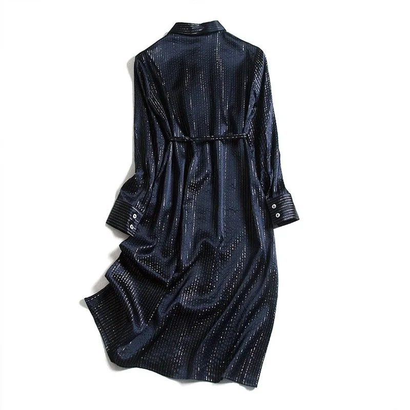 

Long-sleeved Temperament Lapel Mulberry Silk Summer Dress for women