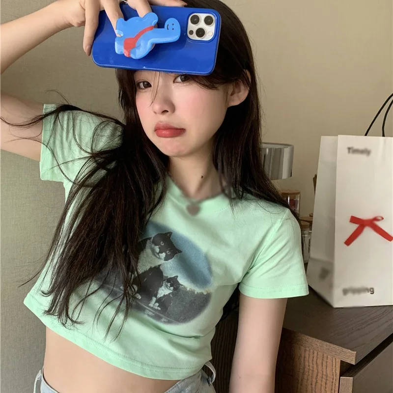 

Korean Style T-Shirts Women O Neck Slim Exposed Summer Short Sleeve Tee Shirt Ladies Casual Tops Female Crop Top Ladies Shirt