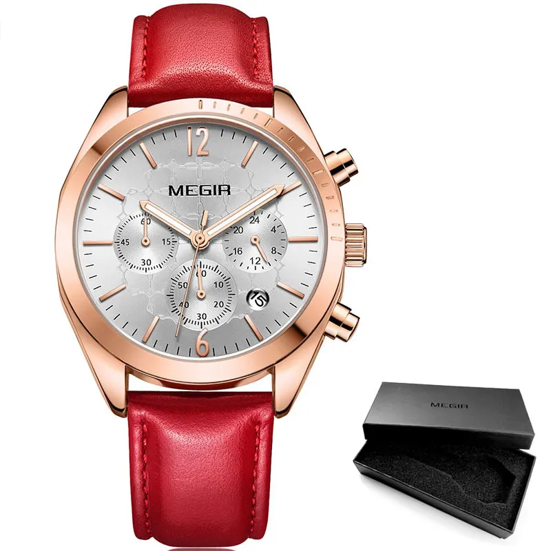 ML2115L-Red Megir женские кожаные кварцевые часы, часы с хронографом, 24 часа, водонепроницаемые наручные часы для девушек и женщин, Relogios Femininos, 2115 розовый цвет - Цвет: ML2115L-Red