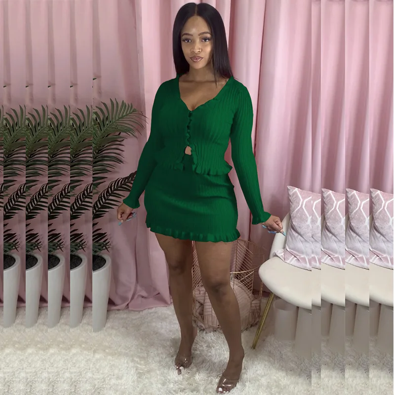 

2020 sexy casual solid color autumn and winter long-sleeved pit strip skirt two-piece suit button corset long-sleeved top and sk
