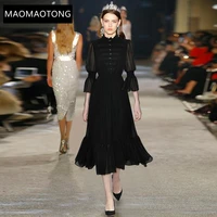 fashion runway dresses summer womens stand up collar lantern sleeve chiffon elegant black long party dress