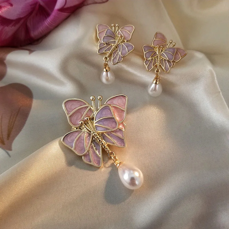 

New Sweet Double Butterfly Stud Earrings Brooches Women Pearl Water Drop Butterfly Insects Party Office Brooch Earring Gifts
